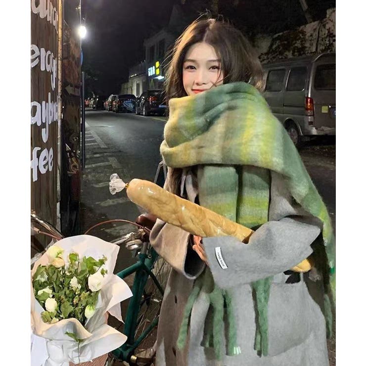 グリーン系3 | アソート フリンジマフラー ソリッド チェック 大判 | Axis