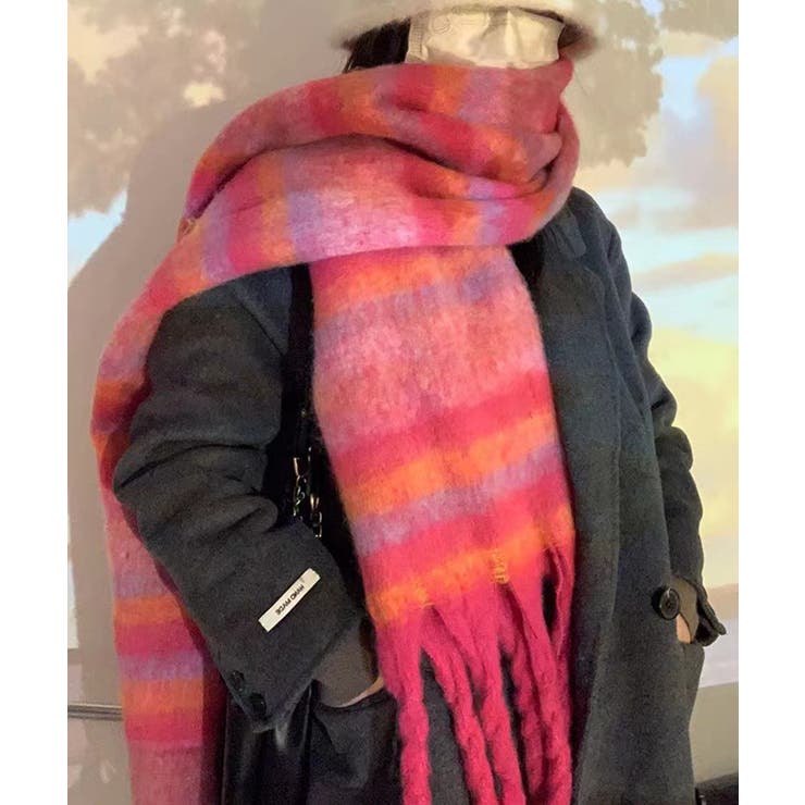 レッド系 | アソート フリンジマフラー ソリッド チェック 大判 | Axis