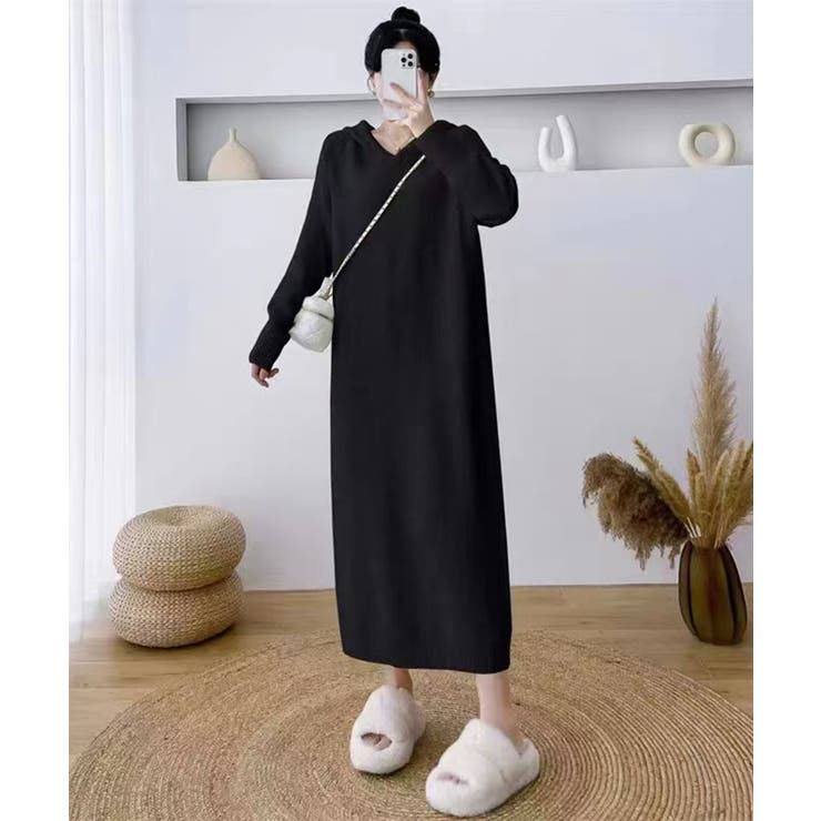 ブラック | ロングニットワンピース フーディー | Axis