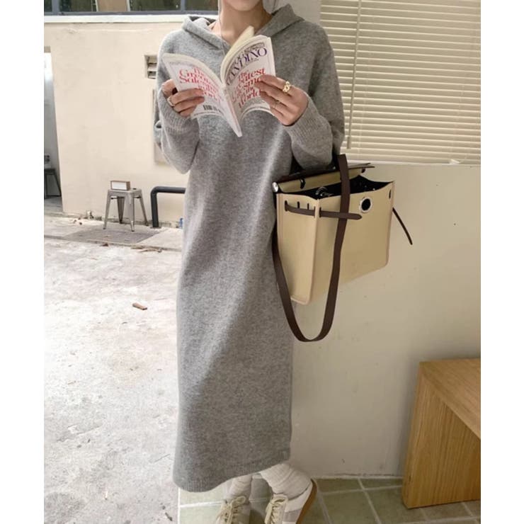 グレー | ロングニットワンピース フーディー | Axis