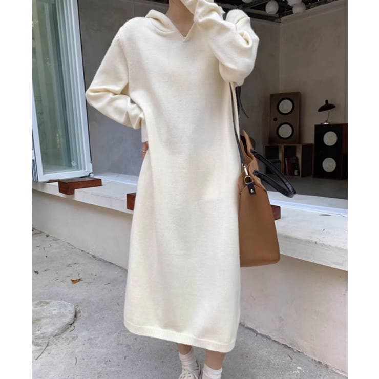 ホワイト | ロングニットワンピース フーディー | Axis