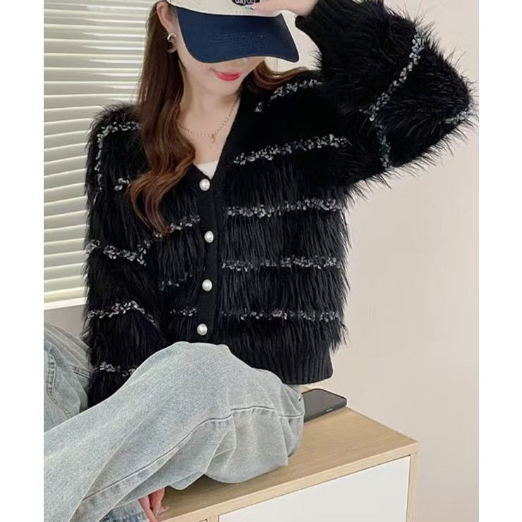 ブラック | ラメ入りシャギーカーディガン | Axis