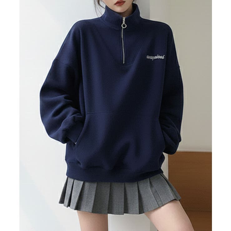 ネイビー | ワンポイント刺繍入り ハーフジップスウェット | Axis