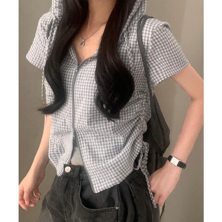 グレー | ギンガムチェックZIPフード付きシャツ | Axis