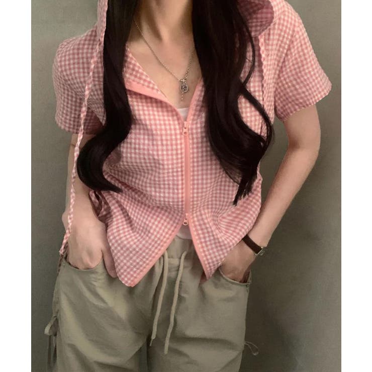 ピンク | ギンガムチェックZIPフード付きシャツ | Axis