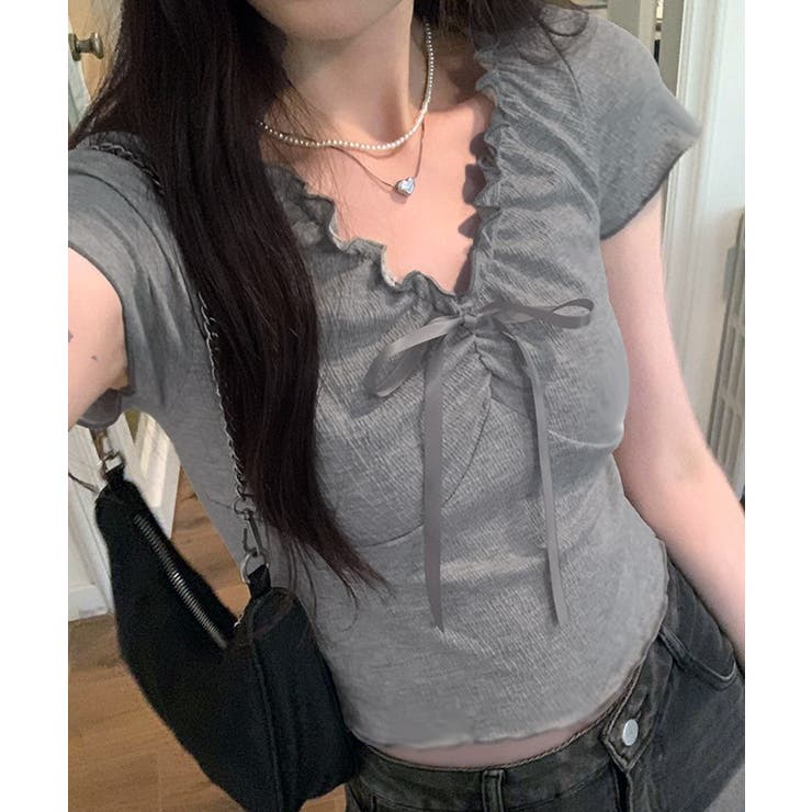 フロントリボン ギャザーデザインコンパクトTシャツ | Axis | 詳細画像1 