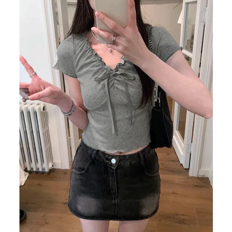 フロントリボン ギャザーデザインコンパクトTシャツ | Axis | 詳細画像2 