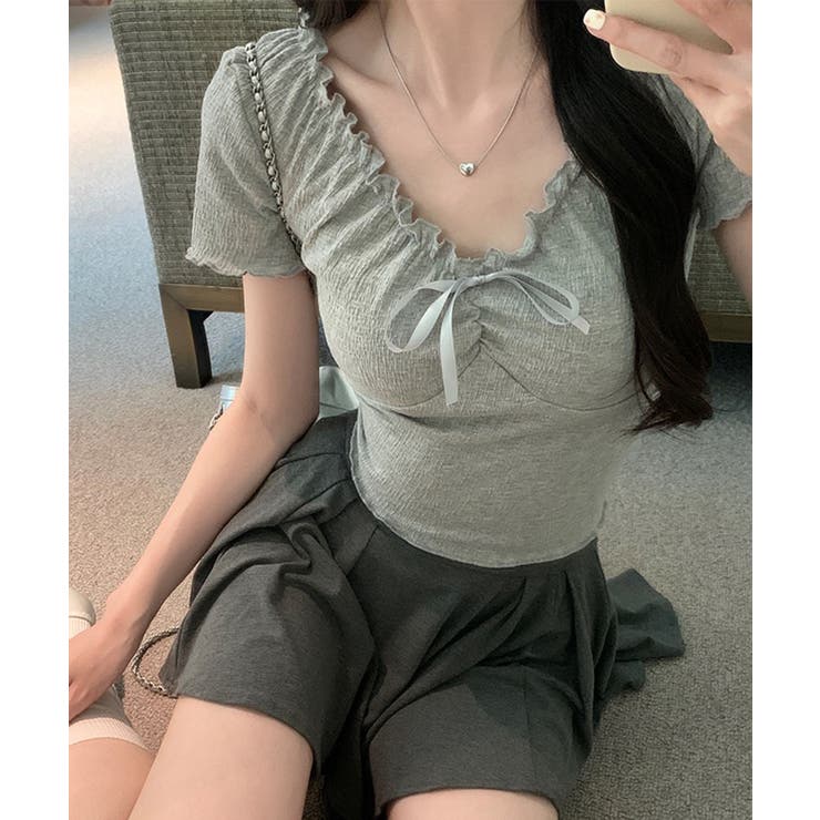 グレー | フロントリボン ギャザーデザインコンパクトTシャツ | Axis