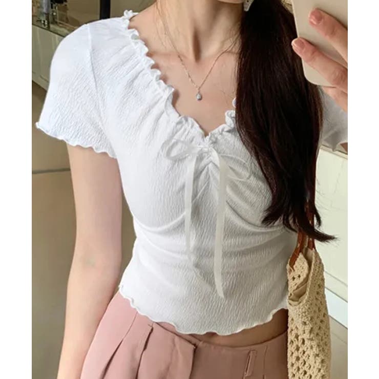 ホワイト | フロントリボン ギャザーデザインコンパクトTシャツ | Axis