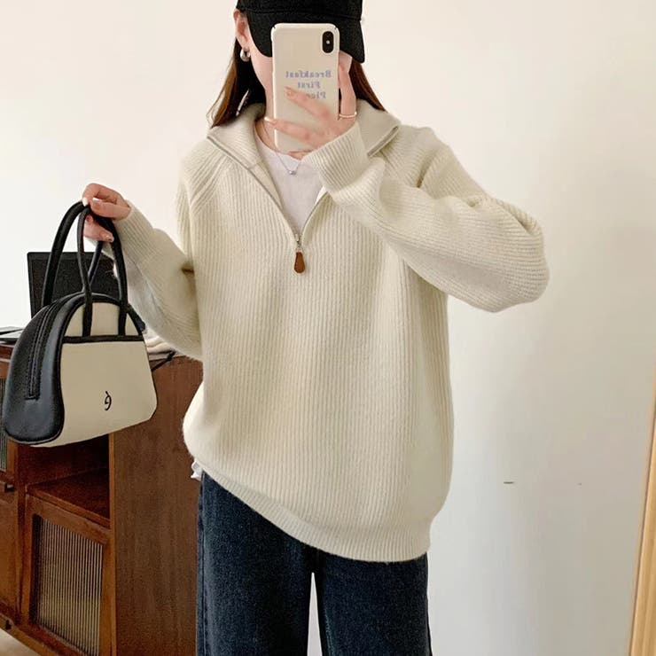 ベージュ | スタンドハーフジップニット | Axis