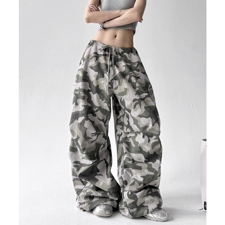 グレー | カモフラ柄ドロストワイドパンツ | Axis