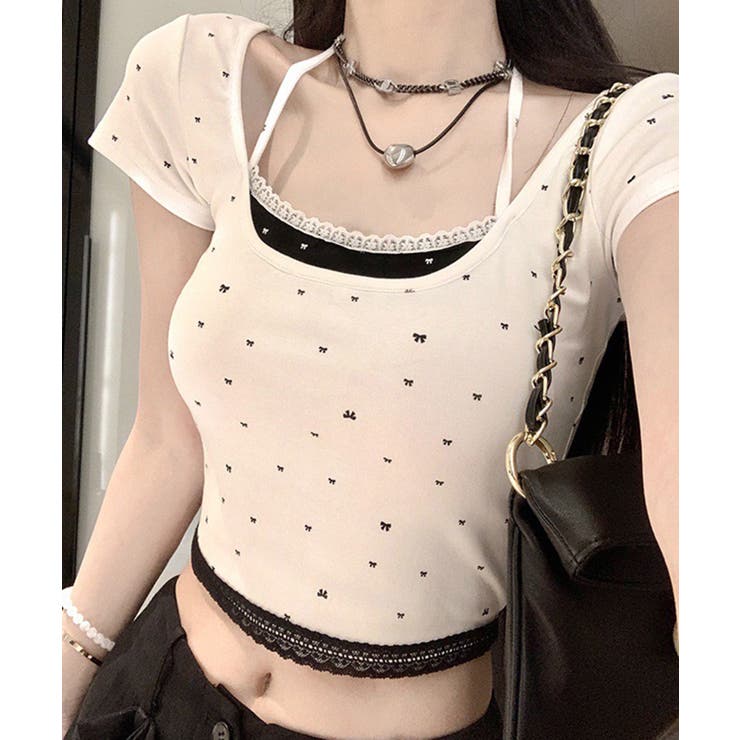 ドット レースホルターネック フェイクレイヤードトップス Tシャツ | Axis | 詳細画像3 