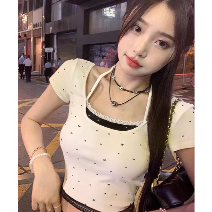 ドット レースホルターネック フェイクレイヤードトップス Tシャツ | Axis | 詳細画像5 