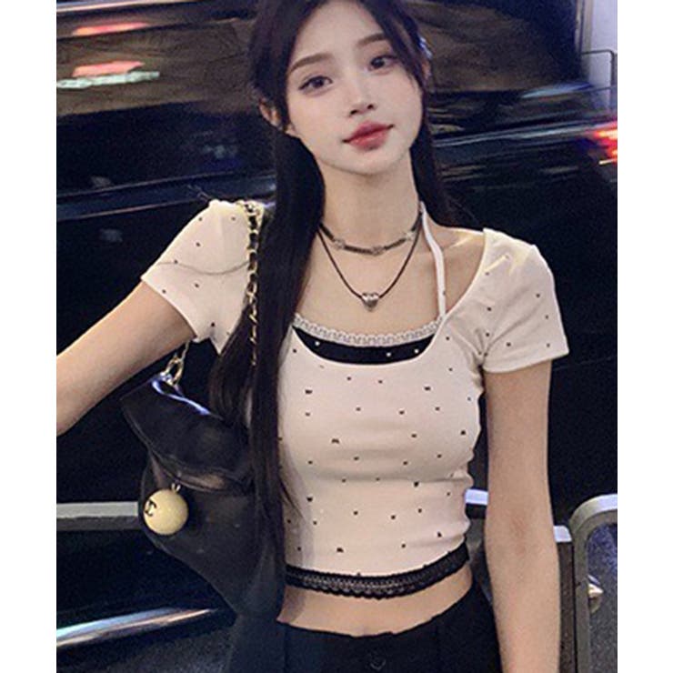 ホワイト | ドット レースホルターネック フェイクレイヤードトップス Tシャツ | Axis