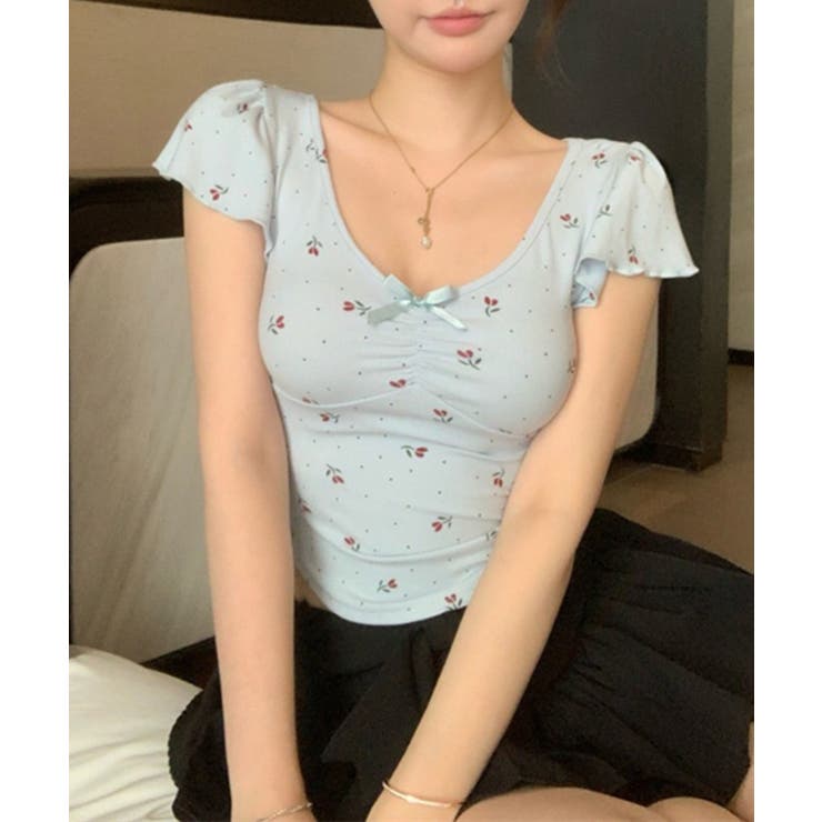 ブルー | 小花モチーフ チビリボン コンパクト Tシャツ | Axis