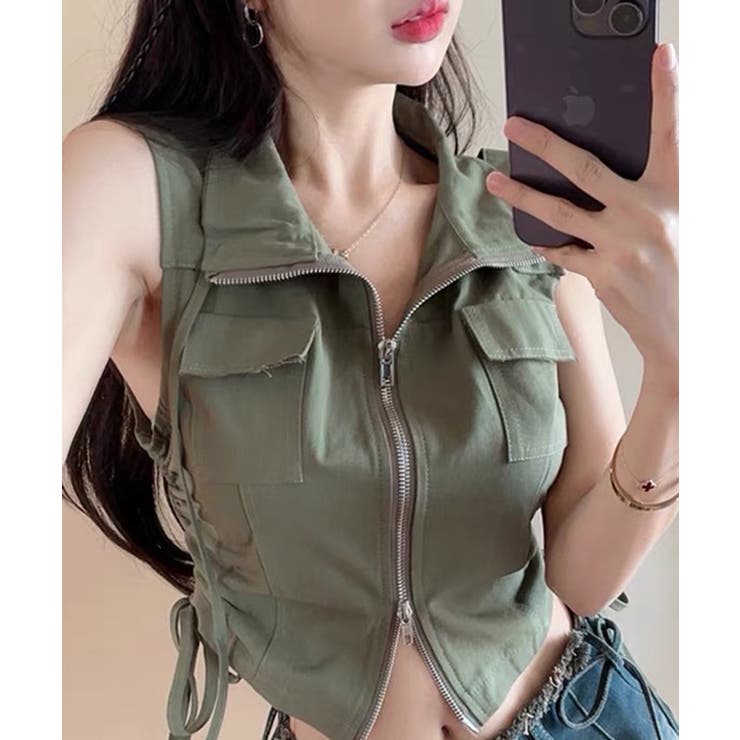 カーキ | サイドシャーリング Wポケット スタンドショートベスト | Axis