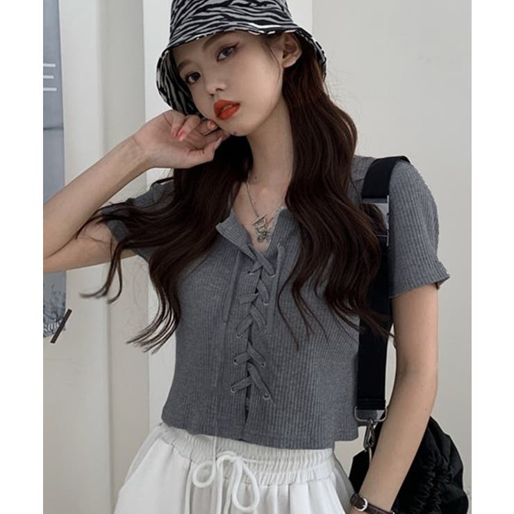 グレー | レースアップデザイン ショート丈 トップス | Axis