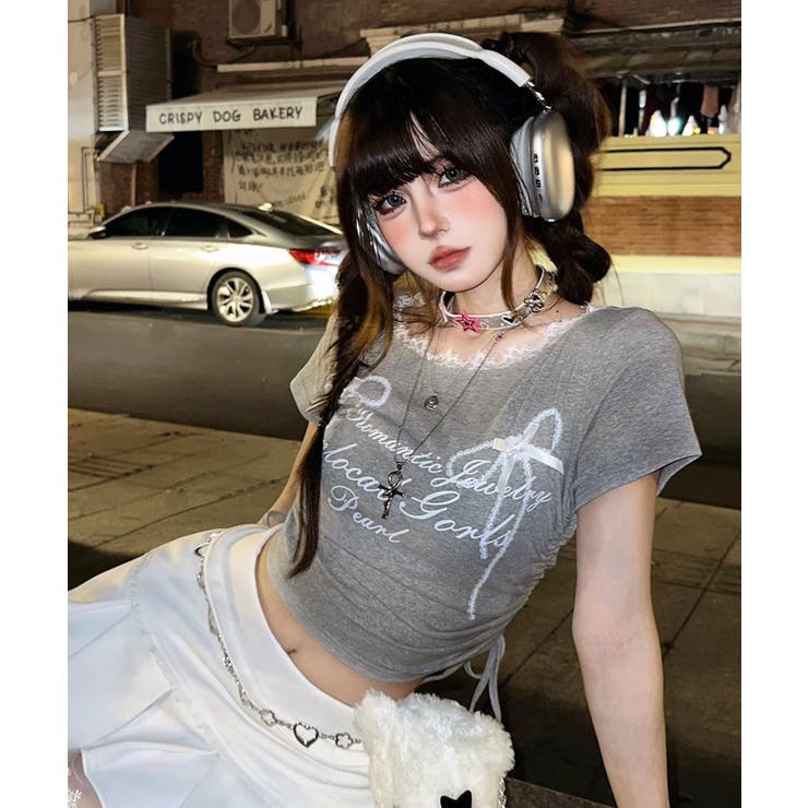 グレー | サイドギャザー リボンデザインレースTシャツ | Axis