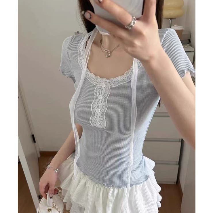 レースタイ付きフェミニンリブTシャツセット | Axis | 詳細画像1 