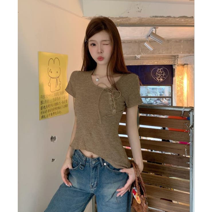 フロント編み上げカットオフアシンメトリーTシャツ | Axis | 詳細画像5 