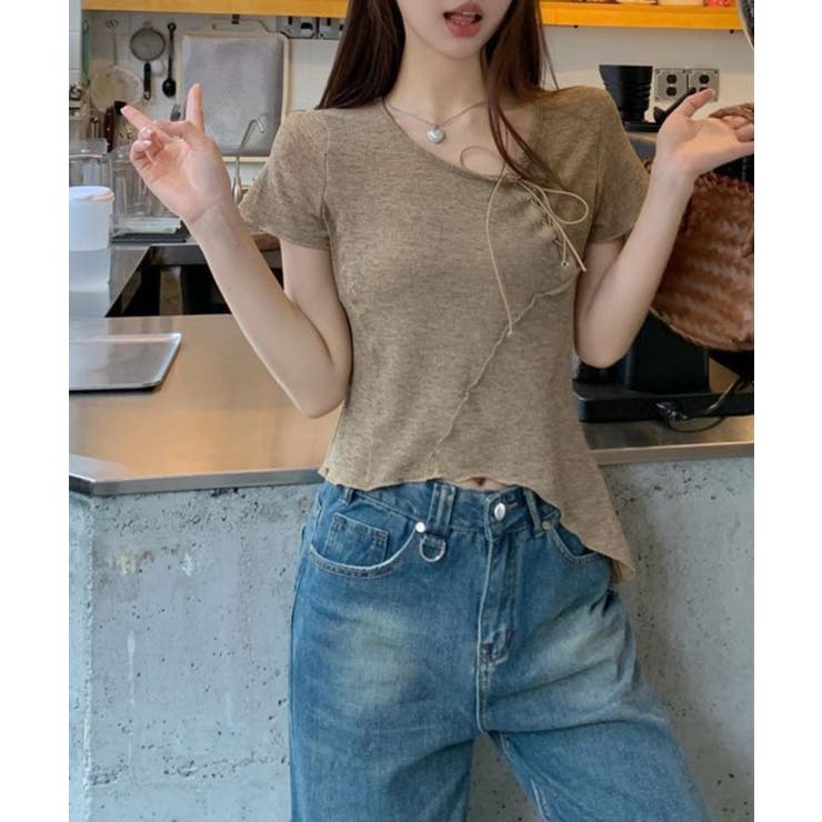 フロント編み上げカットオフアシンメトリーTシャツ | Axis | 詳細画像3 