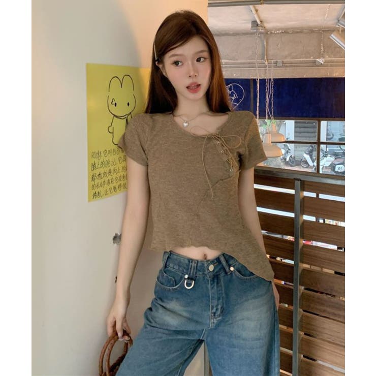 フロント編み上げカットオフアシンメトリーTシャツ | Axis | 詳細画像4 