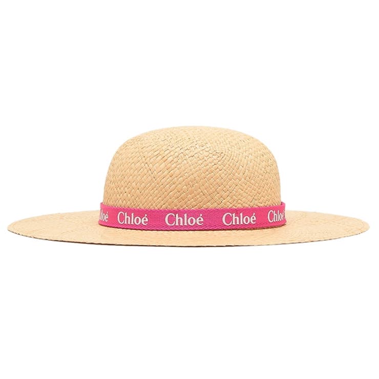 クロエ帽子ラフィアハットロゴブラウンピンクキッズCHLOEC20050S01