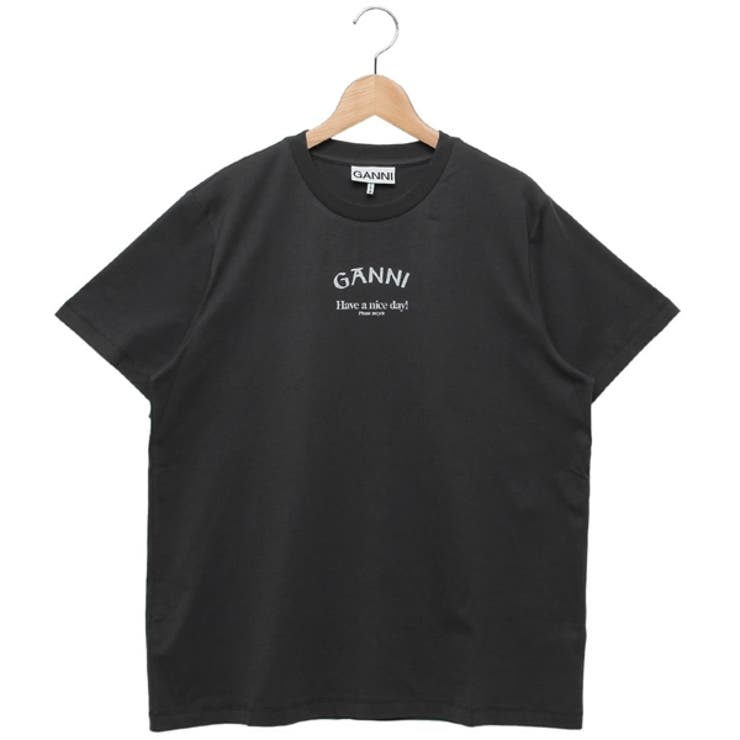 GANNI]黒 プリント コットン Tシャツ M（GANNI: ブラック Basic