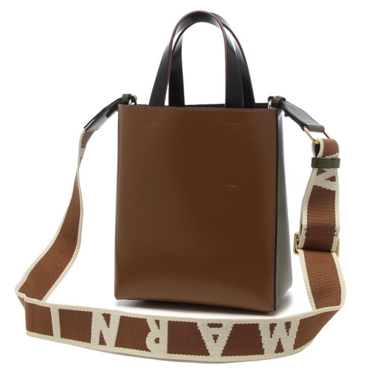 MARNI ハンドル付きショルダーバッグ ブラウン バッグ ブラウン レザーショルダーバッグ、マルニメンディング刺繍入り