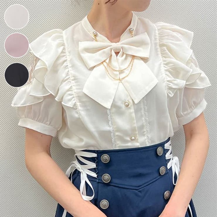 柔らかな質感の リボン付スタンド襟フリルブラウス[品番：IGAW0005109]｜axes トップス