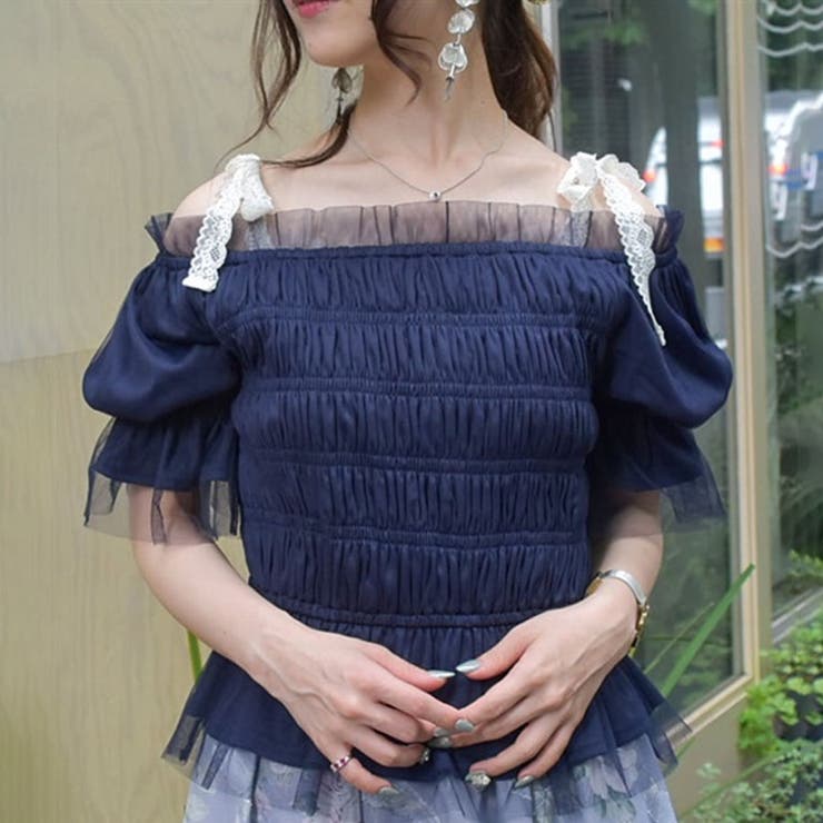 axes femme - ◆美品◆アクシーズファム　ビッグリボン　プルオーバー　7分袖　サックス バックリボンシャーリングプルオーバー[品番：IGAW0005164
