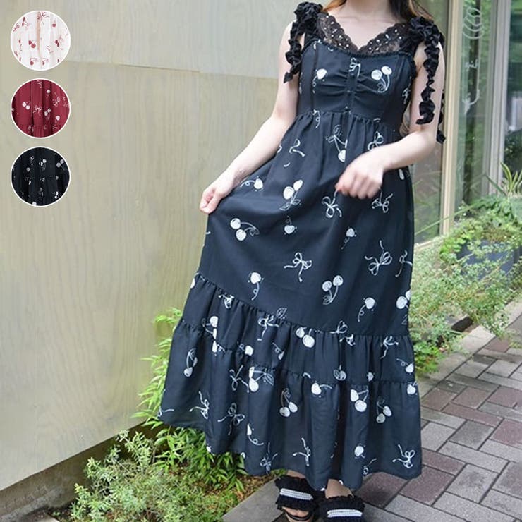 センスのいい お歳暮 チェリー柄フリルリボンワンピース[品番：IGAW0005100]｜axes ワンピース