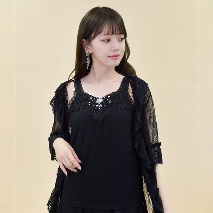 aliceauaa　黒 プリントデザイン　ビジュー付 タンクトップ Multi ビジュー タンクトップ