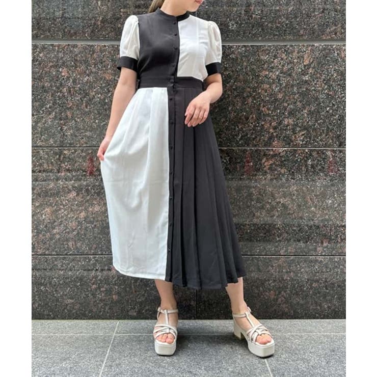 バイカラープリーツワンピース ブラック 半袖 Fサイズ #新作 00