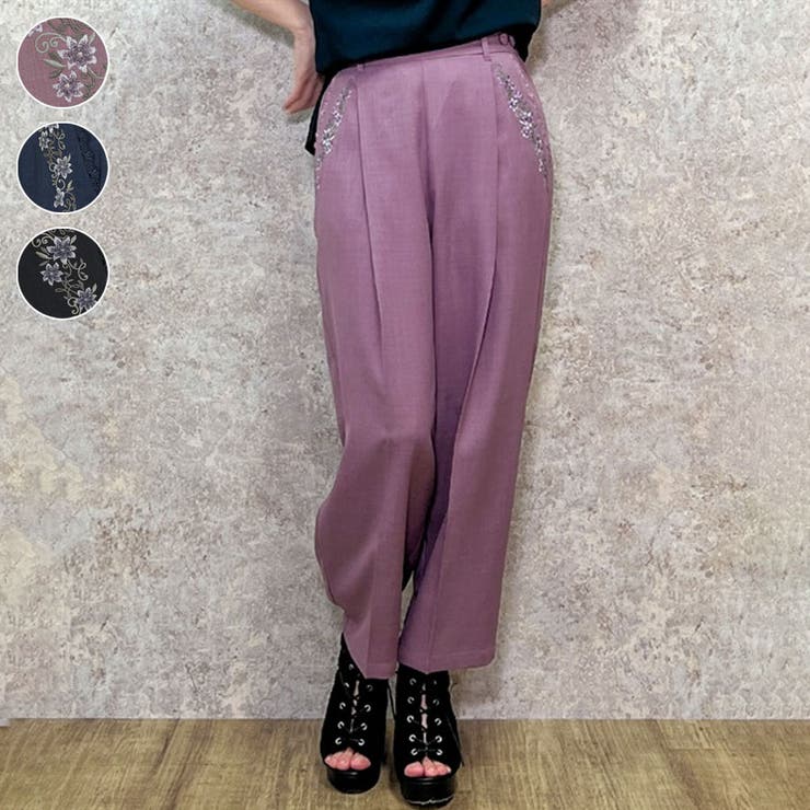鳥×フラワー刺繍タックパンツ[品番：IGAW0004965]｜axes femme