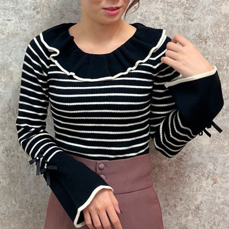 襟デザインボーダーニット[品番：IGAW0004451]｜axes femme