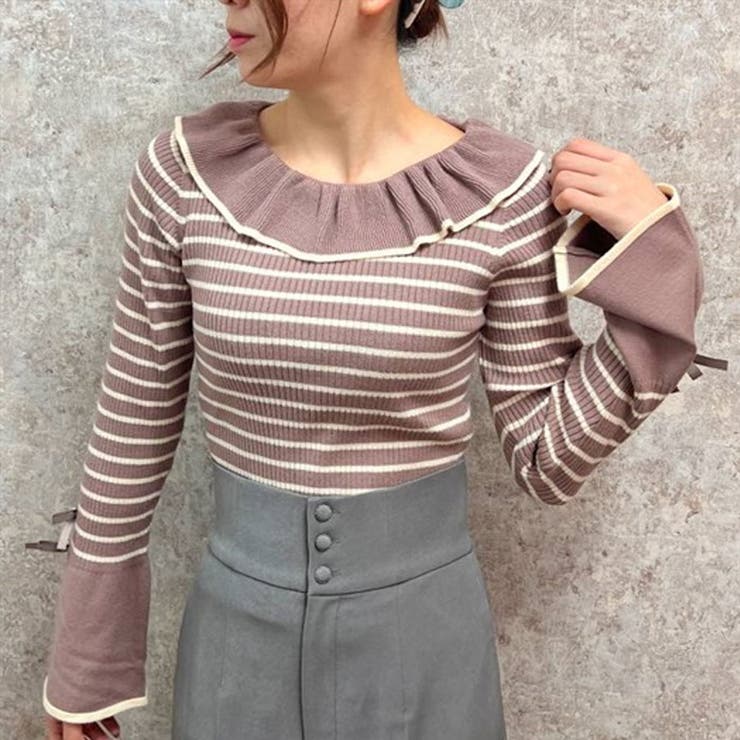 襟デザインボーダーニット[品番：IGAW0004451]｜axes femme