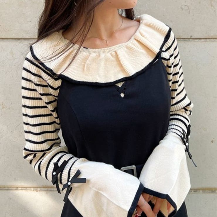 襟デザインボーダーニット[品番：IGAW0004451]｜axes femme