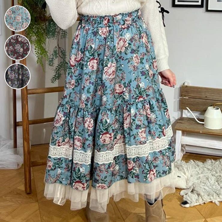 薔薇と額縁柄　スカート Yahoo!オークション - 【axes femme】薔薇×額縁刺繍ミドルスカート ワ