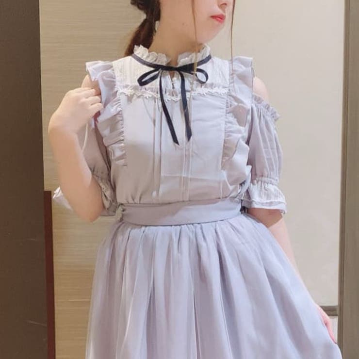 axes femme kawaii梯子レース半袖ブラウス（白×サックス）