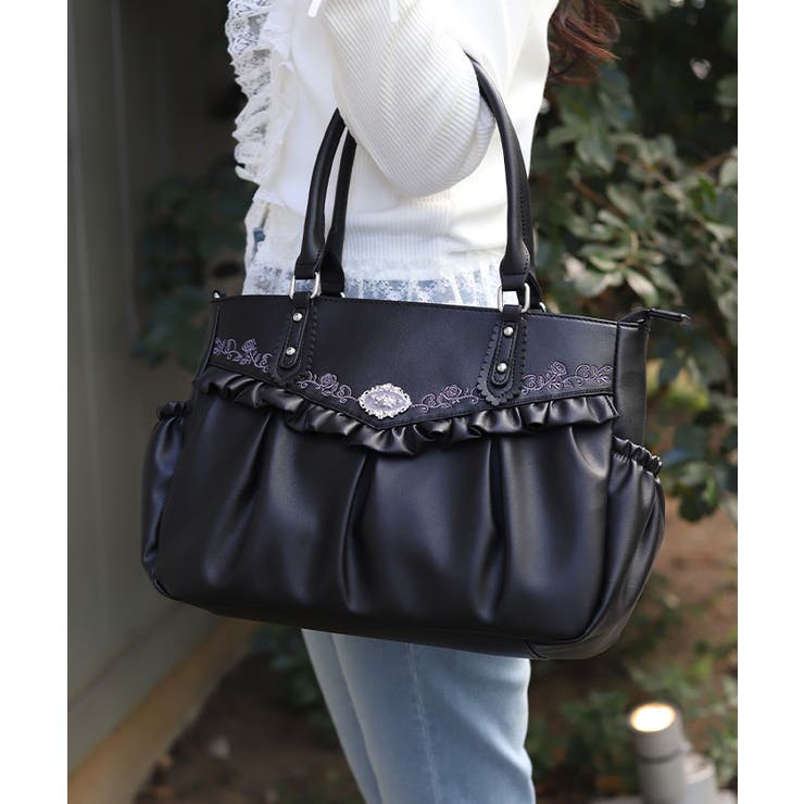 黒 | ローズ刺繍フリルＡ４トート | axes femme