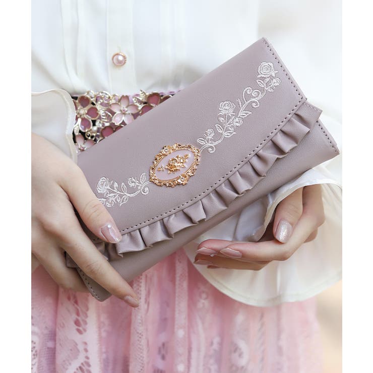 ピンク | ローズ刺繍フリル長財布 | axes femme