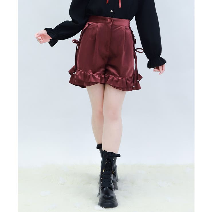 ワイン | リボン付き裾フリルショーパン | axes femme