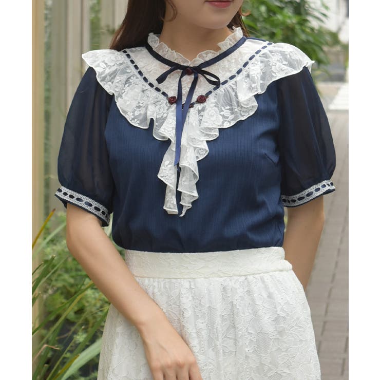 紺 | ローズ×レースレイヤードプルオーバー | axes femme
