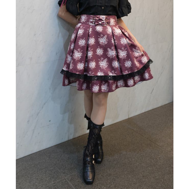 ワイン | ローズブーケ柄ミドルスカート | axes femme