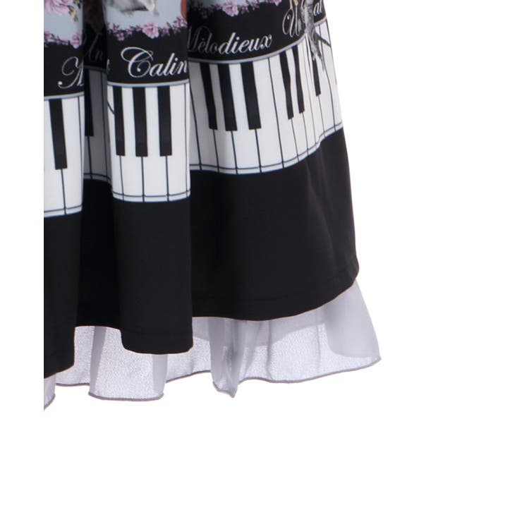 axes femme POETIQUE スカート ベルト付猫とピアノ柄スカート