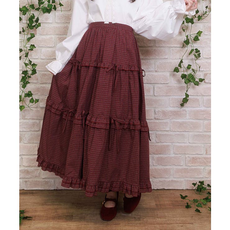 ワイン | リボン付ロングティアードスカート | axes femme