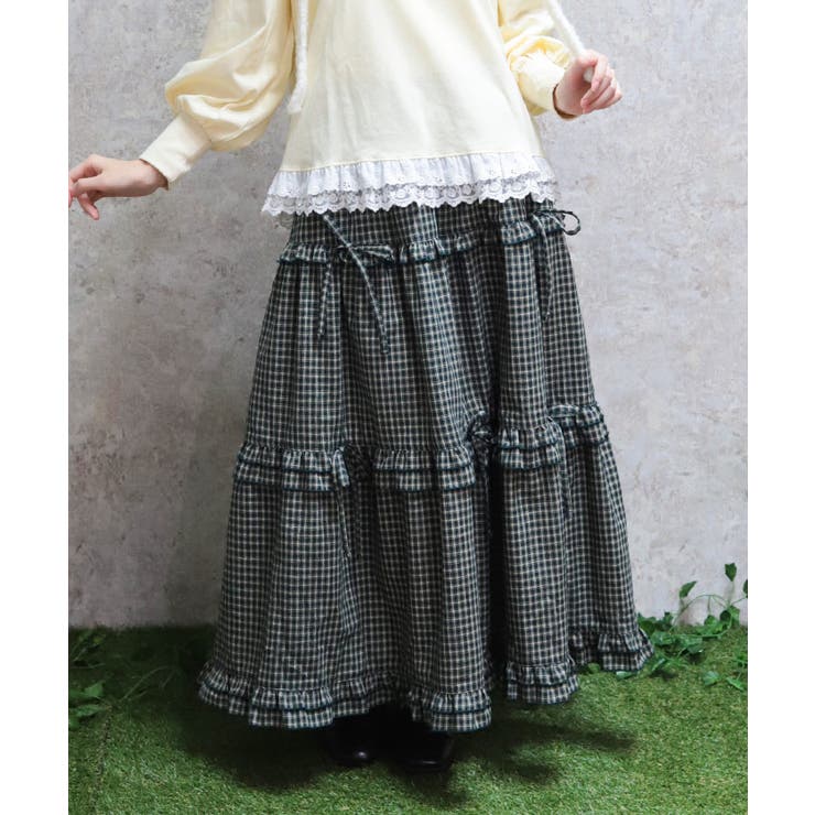 グリーン | リボン付ロングティアードスカート | axes femme