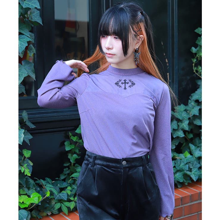パープル | クロス刺繍ラメカットトップス | axes femme