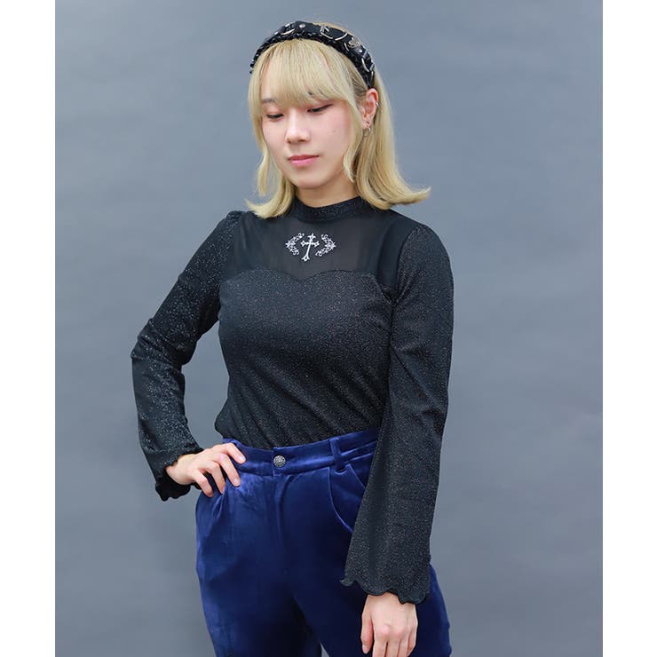 黒 | クロス刺繍ラメカットトップス | axes femme